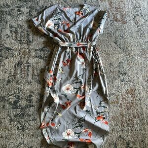 Floral Print Notched Neck Split Thigh Belted Dress